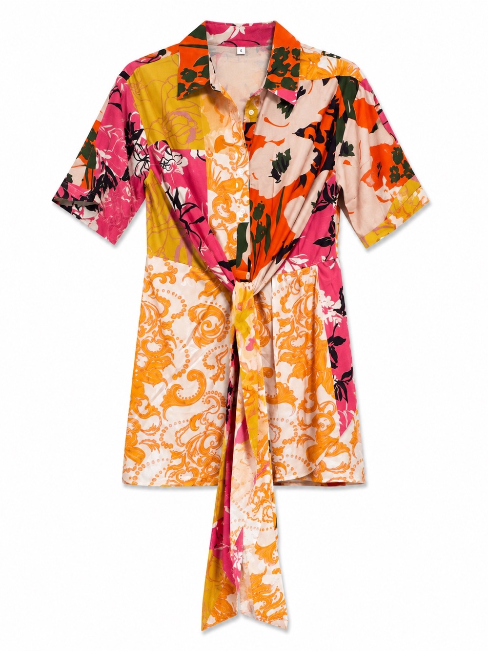 SHEIN Pink Orange Yellow Floral Patchwork Shirt Dress